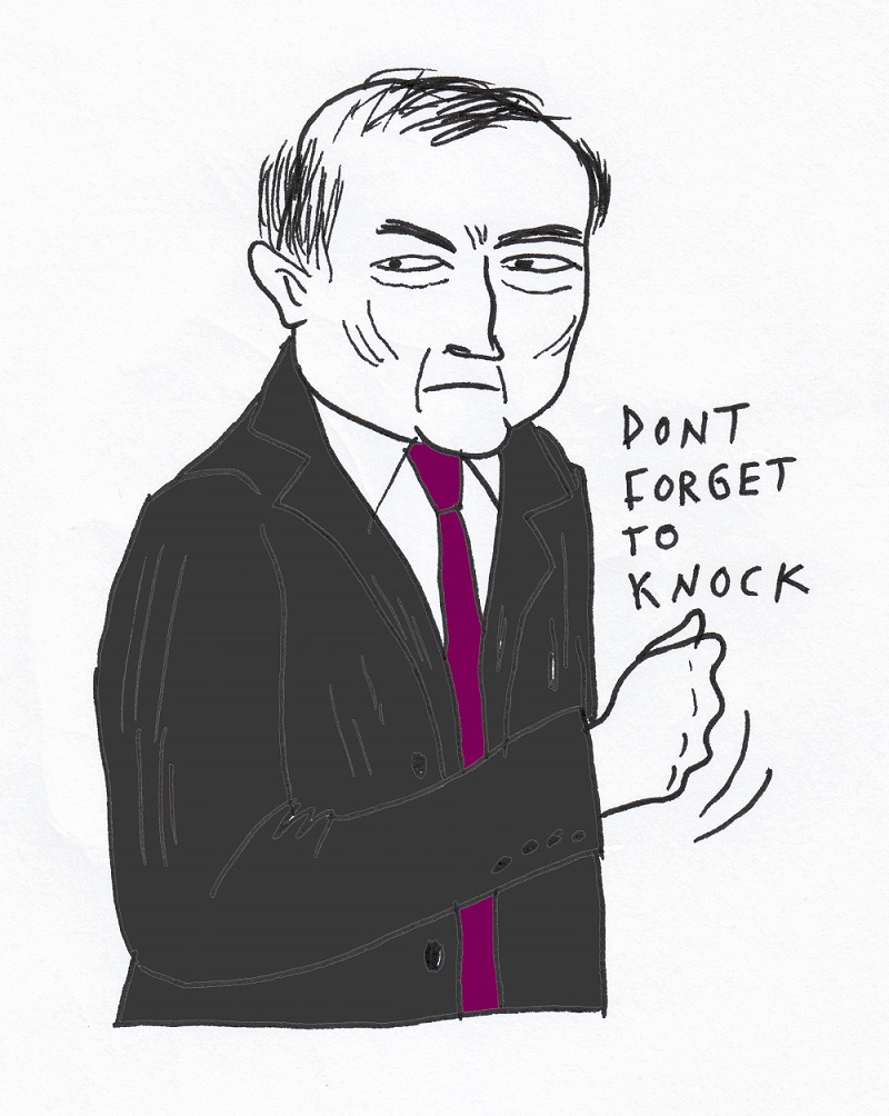 A cartoon illustration by John Levers of Harry Pearce, a balding man in a black suit, with the words "don't forget to knock" next to him